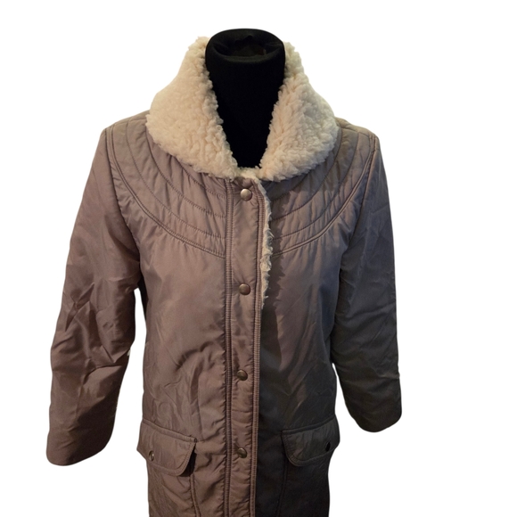 Women's White Stag Taupe Puffer Coat with Cream Faux Shearling Collar - Picture 3 of 7